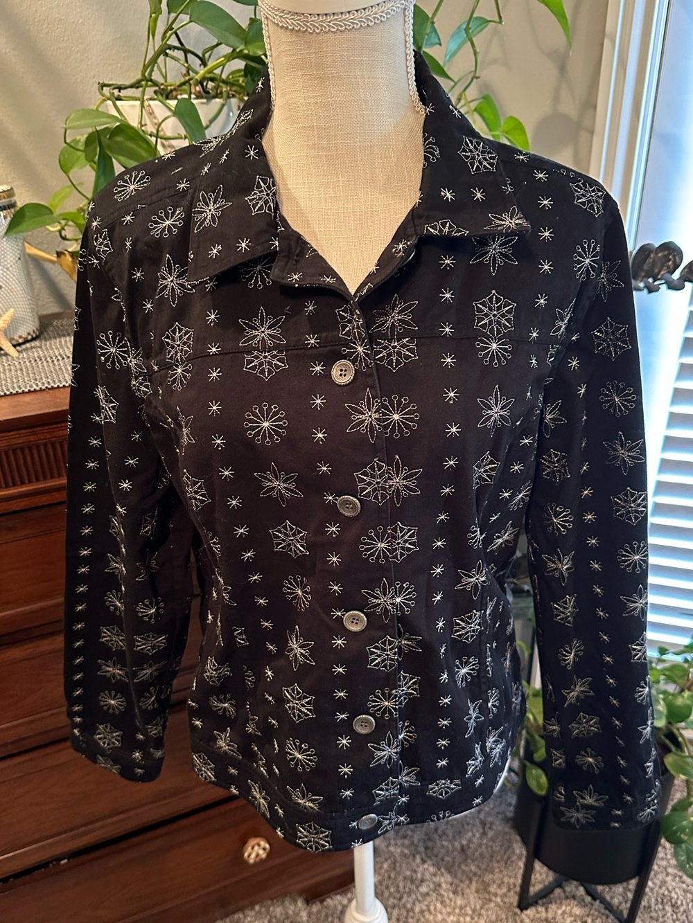Christopher & Banks Black Jacket with embroidered Snowflake Print
